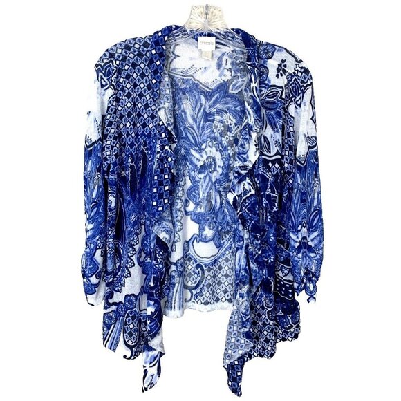 Chicos Womens Cardigan Sweater 1 M Paisley Blue White Waterfall Lightweight Boho - Picture 1 of 14